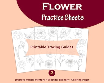 Learn to draw flowers, Tracing guides, coloring pages, printable worksheet, digital download, Marigold, Lotus, Pansy, Poppy, Daisy and more