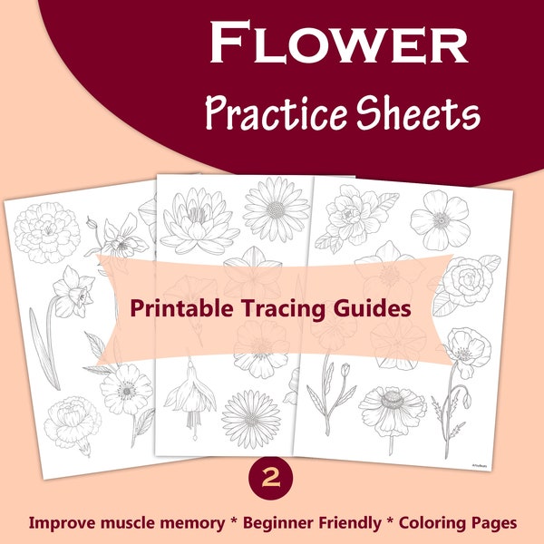 Learn to draw flowers, Tracing guides, coloring pages, printable worksheet, digital download, Marigold, Lotus, Pansy, Poppy, Daisy and more