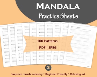 May include: A stack of mandala practice sheets with various patterns. The sheets are white with black line drawings and grid lines. The text "MANDALA Practice Sheets" is at the top. The image also includes the text "100 Patterns PDF | JPEG".