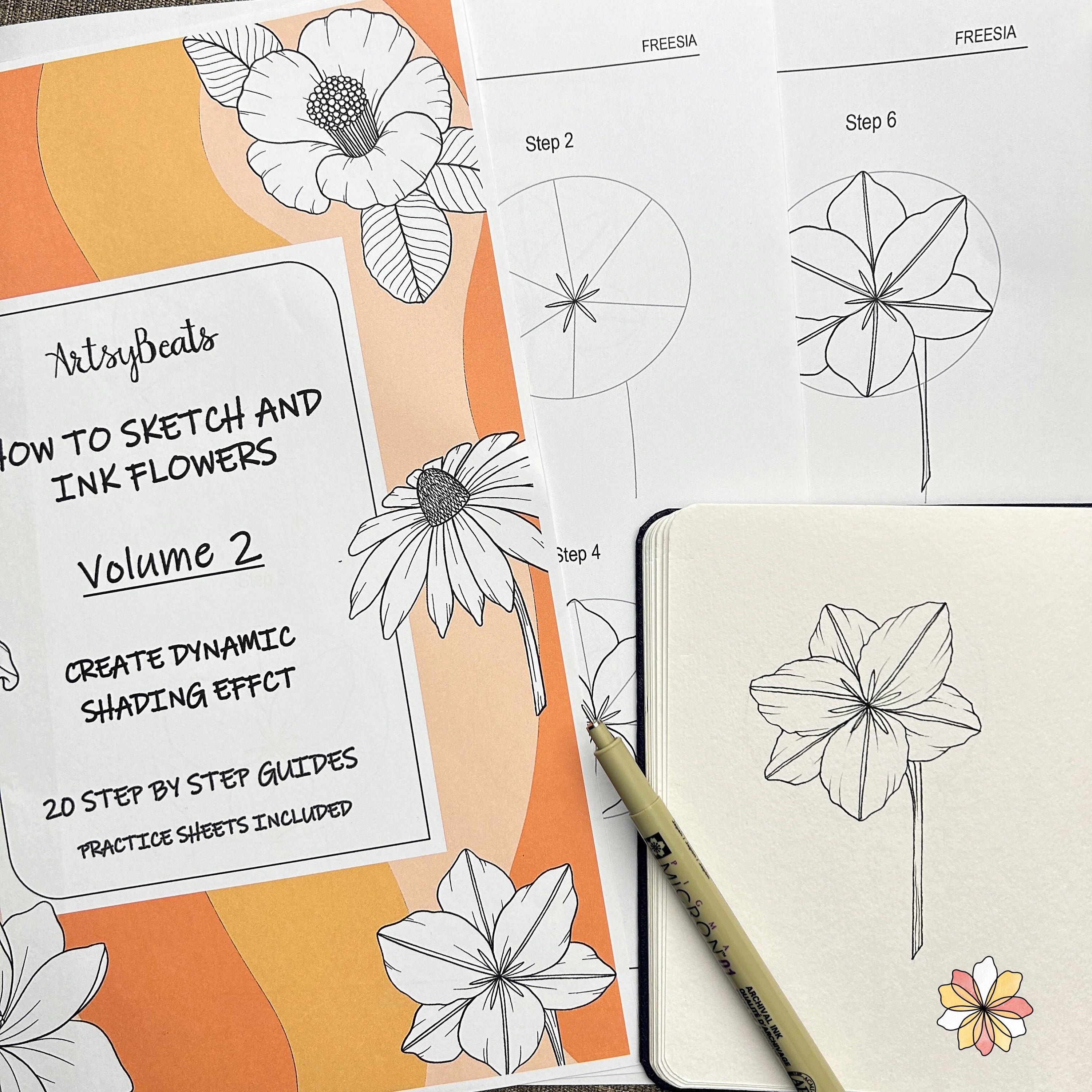 ステップバイステップの花の描き方ガイド（印刷可能なPDF）｜初心者向け簡単花の描き方｜練習シート付きの花の描き方チュートリアル20選｜バージョン2 -  Etsy 日本, image size:3000x3000