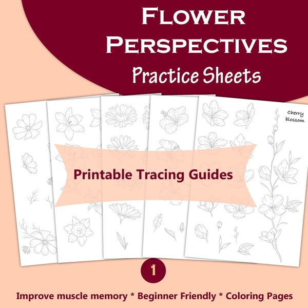 Perspective flower drawing, Tracing guides, printable worksheet, digital download, Hibiscus, Daisy, Daffodil, cherry blossom, and cosmos