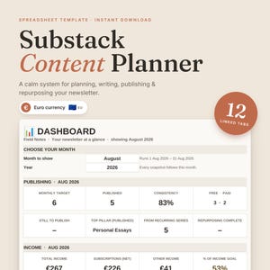 Substack Content Planner & Income Tracker | EU Edition (EURO) | Excel Spreadsheet | Instant Download