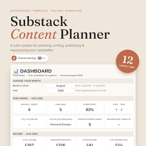 Substack Content Planner & Income Tracker | UK Edition (GBP) | Excel Spreadsheet | Instant Download