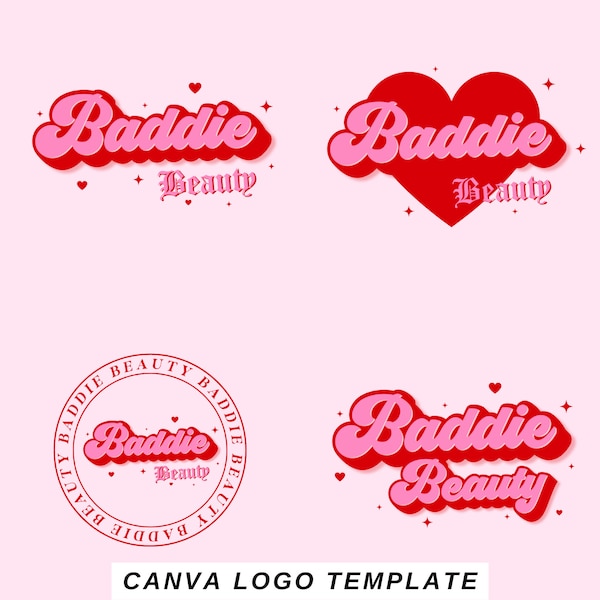 Fully Editable Feminine Pink and Red Retro Beauty Logo Template |  Instant Download Canva Logo Template | DIY Branding for Small Businesses