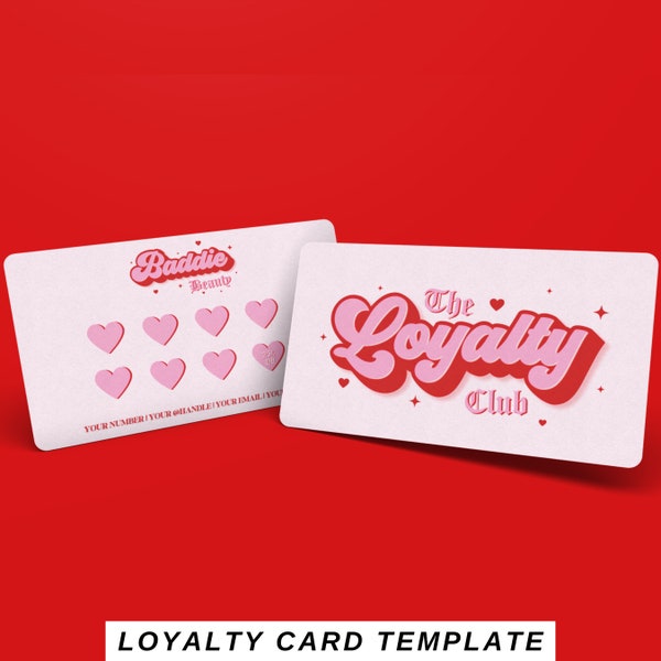 Fully Editable Feminine Pink and Red Retro Loyalty Card Template | Instant Download Canva Template | DIY Branding for Small Businesses