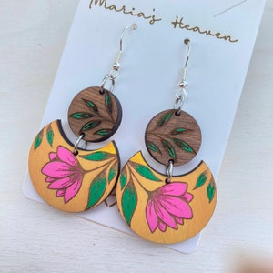 Handpainted Dangle Flower Earrings, Lightweight Wooden Jewelry, Laser Engraved Floral Earrings, Gift For Her