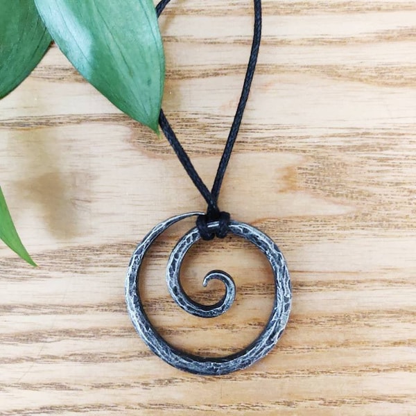 Medieval Viking Pendant Necklace - Celtic Spiral Hand-Forged Iron Styled Antique Adjustable Cord - Pendant Gift