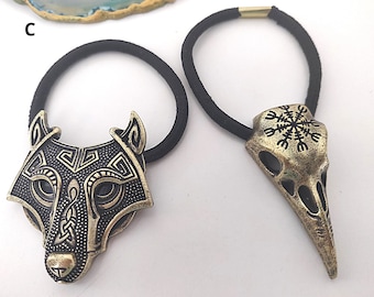 Viking Hair Tie Set: Raven Skull & Fenrir Wolf - Norse Accessories