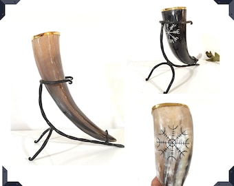 Viking Drinking Horn Cup With Iron Stand - Brass Rim Made Horn Mug Medieval Rustic Viking Beer Horn Drinking Decor