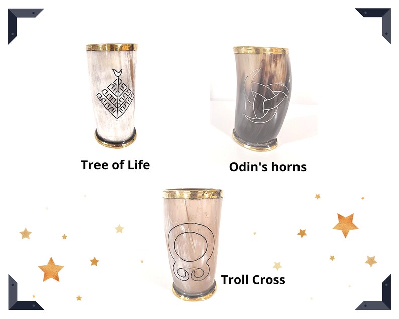May include: Three drinking horns with gold rims and different engraved designs. The horns are labeled "Tree of Life", "Odin's horns", and "Troll Cross".