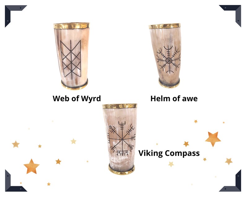 May include: Three drinking horns with different Viking symbols carved into them. The horns are made of wood and have a brass rim. The symbols are "Web of Wyrd", "Helm of awe", and "Viking Compass".