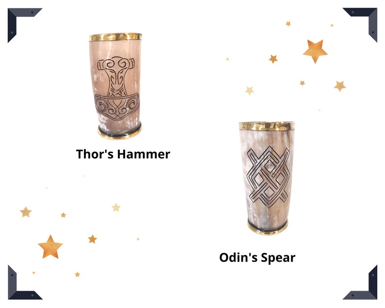 May include: Two drinking horns with brass rims and intricate designs. The horn on the left has a design of Thor's hammer, while the horn on the right has a design of Odin's spear.