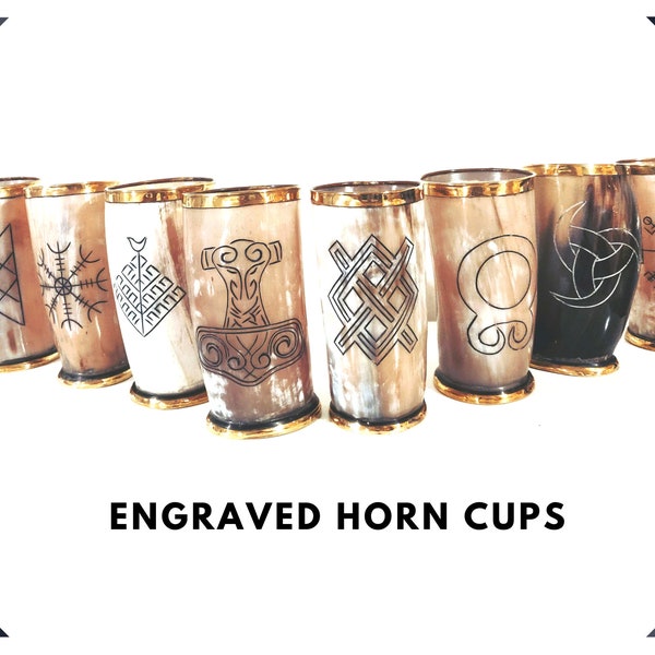 Engraved Ox Horn Viking Mug: Brass Trim Drinking Cup