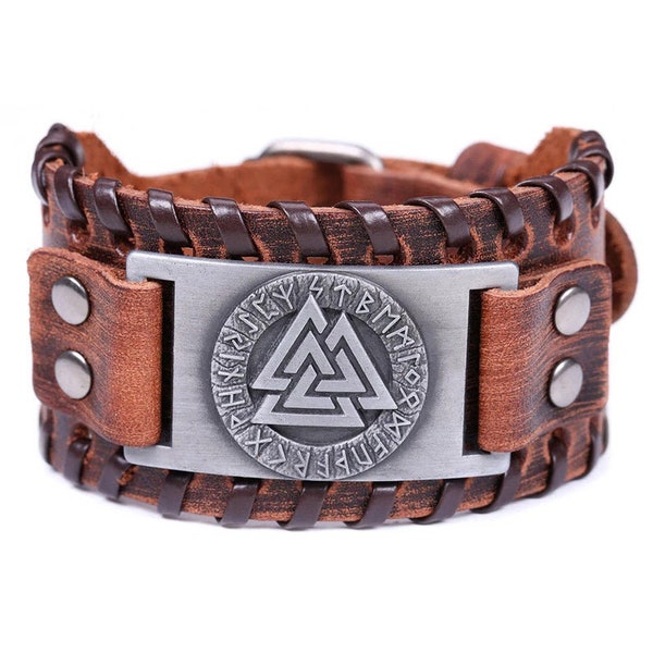 Viking Valknut Bracelet Wristband For Men And Women - Medieval Nordic Runes Symbol Engraved Brown Leather Bracelet