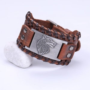 Fenrir Wolf Leather Wristband: Norse Viking Bracelet for Men
