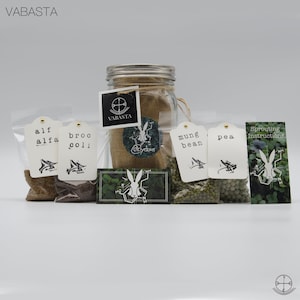 Op de afbeelding: Een set met kiemende zaden in doorzichtige plastic zakjes met etiketten. De etiketten omvatten alfalfa, broccoli, mungboon, erwten en kieminstructies. De zaden worden verpakt met een glazen pot die in jute is gewikkeld.