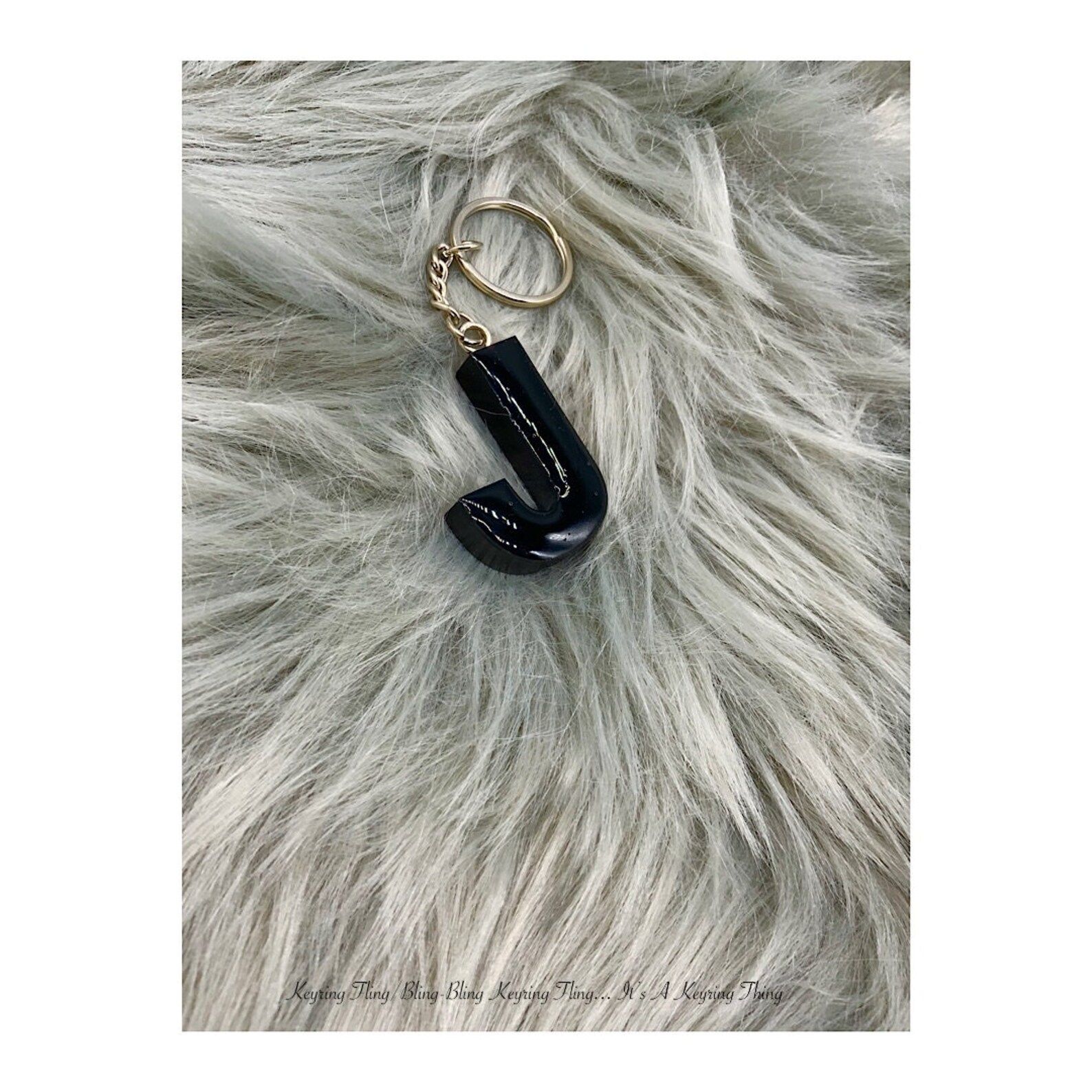Jet Black Resin Keychain Initial Letter Keychain Black Etsy