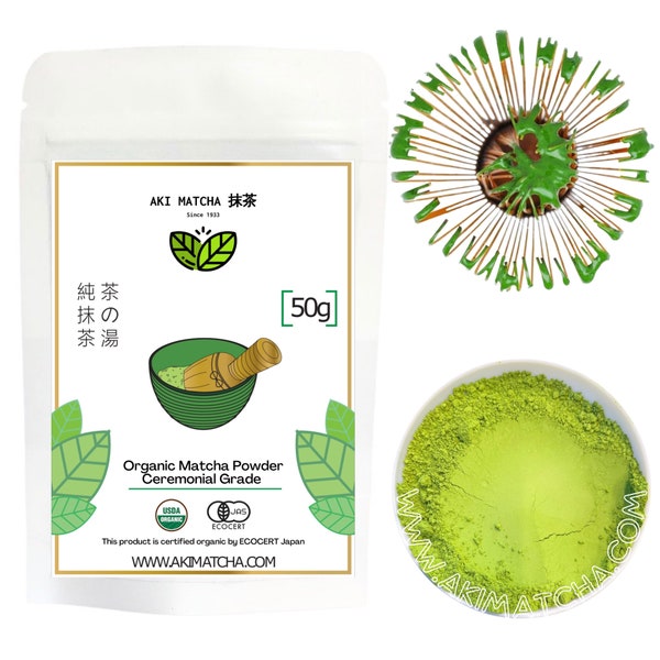 AKI MATCHA - Japanese Organic Matcha Green Tea Powder | USDA Certified Organic | First Harvest Ceremonial Grade Matcha 50g (25 servings)