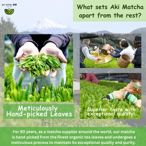 May include: Aki Matcha tea leaves are hand-picked from organic tea plants. The text reads "What sets Aki Matcha apart from the rest?" and "Meticulously Hand-picked Leaves".