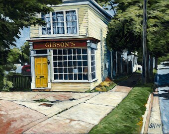 May include: A yellow shopfront with a sign that reads "GIBSON'S" in gold lettering. The shopfront has a yellow door and large windows. The building is surrounded by green trees and a pavement.