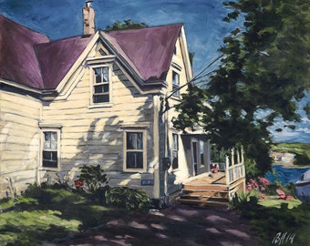 Puede incluir: Una pintura de una casa blanca con un techo morado y un porche. La casa está rodeada de árboles y arbustos verdes. La pintura está hecha en un estilo realista.