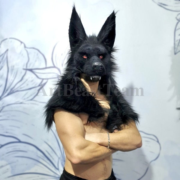Werwolf ROTE Augen Kopfschmuck, RED EYES, schwarze Werwolf Maske, Schwarzer Wolf Maske, tierfreundlich, schwarzer Wolf Kopfschmuck
