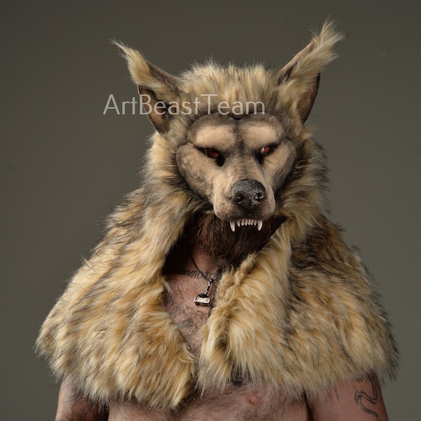 Werwolf Kopfschmuck, braune Wolfsmaske, tierfreundliches Kunstfell