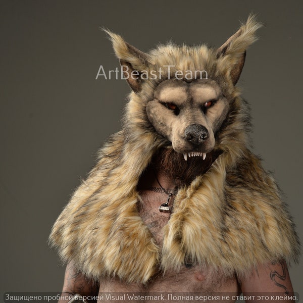 Werwolf Kopfschmuck, braune Werwolf Maske, braune Wolf Maske, tierfreundlich, brauner Wolf Kopfschmuck