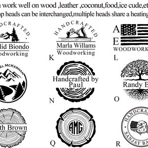 May include: A collection of 10 different wood burning stamp designs. The stamps feature various designs including a mountain range, a tree, a hand plane, a monogram, and an American flag. The text on the stamps includes "Handcrafted", "Woodworking", "Philid Biondo", "Marla Williams", "Daniel McKernan", "Smith Brown", "Handcrafted by Paul", "Randy Bose", and "Sanjay Bansal".