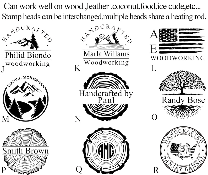 May include: A collection of 10 different wood burning stamp designs. The stamps feature various designs including a mountain range, a tree, a hand plane, a monogram, and an American flag. The text on the stamps includes "Handcrafted", "Woodworking", "Philid Biondo", "Marla Williams", "Daniel McKernan", "Smith Brown", "Handcrafted by Paul", "Randy Bose", and "Sanjay Bansal".