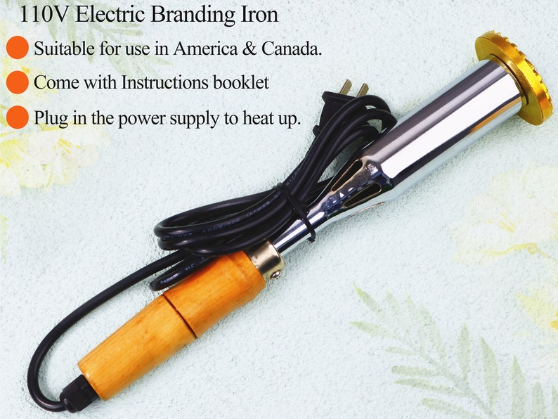 May include: A 110V electric branding iron with a wooden handle and a chrome metal heating element. The iron has a gold-colored metal head with a textured surface. The iron is suitable for use in America and Canada. It comes with instructions.