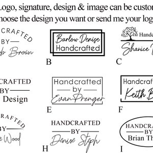 May include: Nine different logo designs for handcrafted items. Each design features the word "Handcrafted" and the name of the maker. The designs are in black and white and are arranged in a grid.
