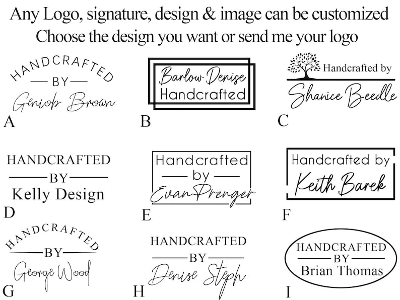May include: Nine different logo designs for handcrafted items. Each design features the word "Handcrafted" and the name of the maker. The designs are in black and white and are arranged in a grid.