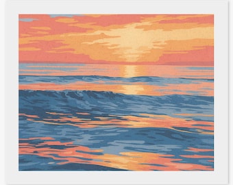 May include: A framed art print depicting a sunset over the ocean. The sky is a blend of orange, pink, and yellow hues, with the sun reflecting on the water. The waves are blue and the artwork has a vintage aesthetic.