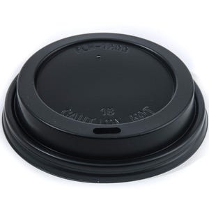 May include: Black plastic coffee cup lid with a 18 oz size label and a warning label that reads "Caution: Hot".
