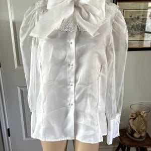 Könnte beinhalten: Eine weiße Langarmbluse mit einem großen Schluppenkragen, der an den Rändern mit aufwendigen Blumenstickereien versehen ist. Das Kleidungsstück hat transparente Puffärmel, geknöpfte Manschetten und eine Knopfleiste mit kleinen Perlmuttknöpfen.