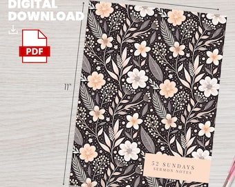 52 Sunday Sermons Notebook, Floral Bible Study Notebook, Christian Life