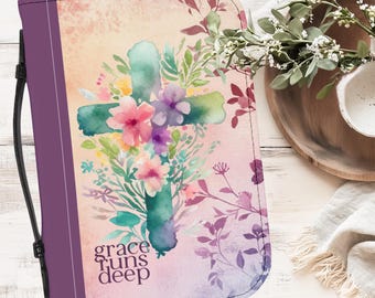 Bible Carry Case, Grace Flowers, Easter Cross, Watercolor Bible Cover, Bible Study Organization