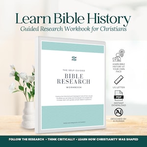 May include: A white binder titled The Self-Guided Bible Research Workbook with teal horizontal bands and a fish icon. Text includes Learn Bible History, Guided Research Workbook for Christians, and US Letter. Icons indicate PDF and instant download.