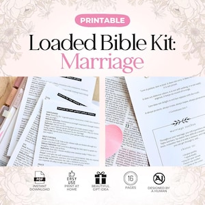 May include: A printable Loaded Bible Kit: Marriage featuring multiple pages of study guides, scripture verses, and a marriage toolbox section. The kit includes text about fruits of the spirit, gentleness, and self-control, with icons for PDF download.