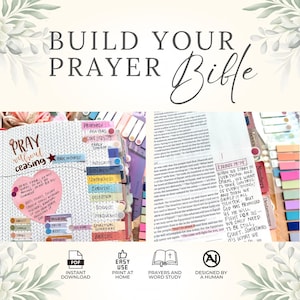 以下が含まれることがあります： 手書きのメモ、カラフルなタブ付き仕切り、Pray Without CeasingやExodus 14:14などの印刷されたテキストが特徴のBuild Your Prayer Bibleキット。PDFダウンロード、自宅での印刷、聖書研究のためのアイコンが含まれています。