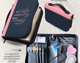 Act Justly PINK-NAVY Bible Cover, Bible Verse Christian Study Organization, Bible Verse Theme Case, Carrying Bag, Religious Supplies