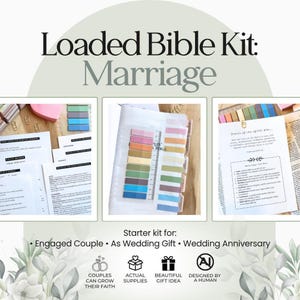 May include: A Loaded Bible Kit: Marriage set featuring printed instructional cards, colorful adhesive page markers, and a guide titled Fruits of the Spirit. The kit includes supplies for engaged couples, wedding gifts, and anniversaries.