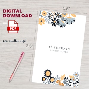 May include: A white 8.5" x 5.5" notepad with floral designs and the text "52 Sundays Sermon Notes." The notepad has a digital download option and a pink pen is next to it.