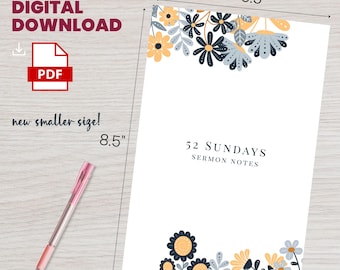SMALL 52 Sunday Sermons Notebook HALF SHEET, Floral Bible Study Notebook, Christian Life