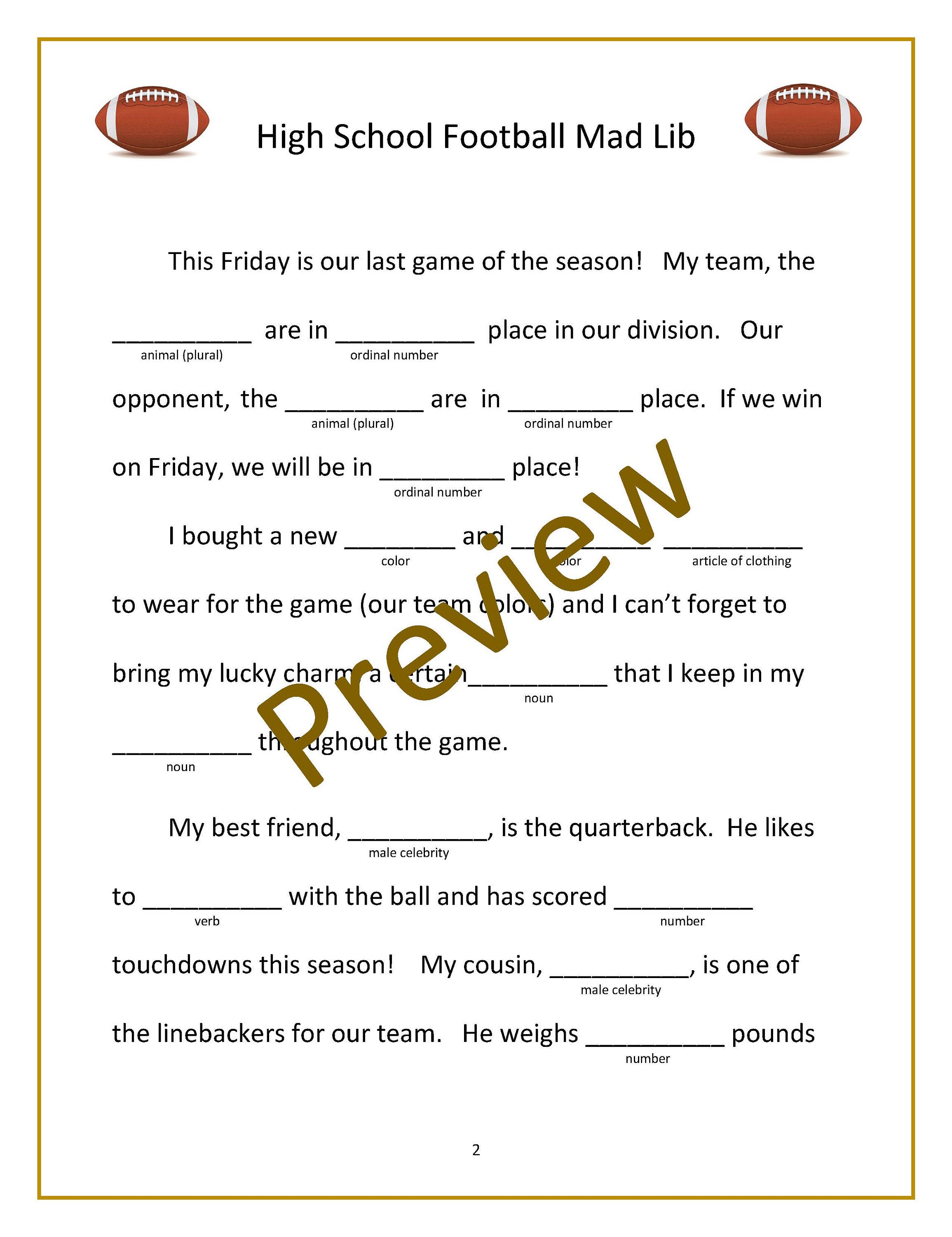 Football Mad Lib Digital Download - Etsy