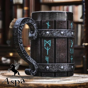 Viking Runes Stainless Steel Tankard Mug 600ml 20oz, Drink Like a King, Wooden Effect On External Part Of The Mug, Gift Mug