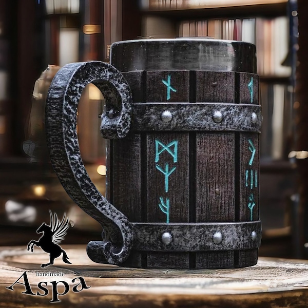 Viking Runes Stainless Steel Tankard Mug 600ml 20oz, Drink Like a King, Wooden Effect On External Part Of The Mug, Gift Mug