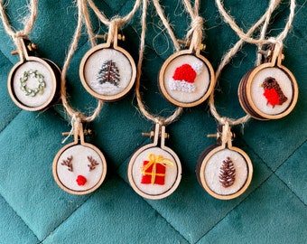 Mini Embroidery hoops. 7 individual Christmas decorations.