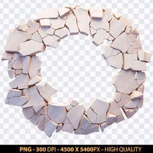 May include: A white circular frame made of cracked and broken pieces of stone. The frame is isolated on a transparent background.